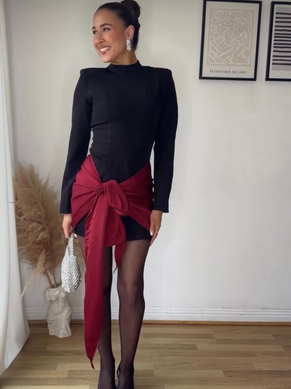 MISSGUIDED CHRISTMAS HIGH NECK MINI DRESS WITH BURGUNDY SATIN BOW M